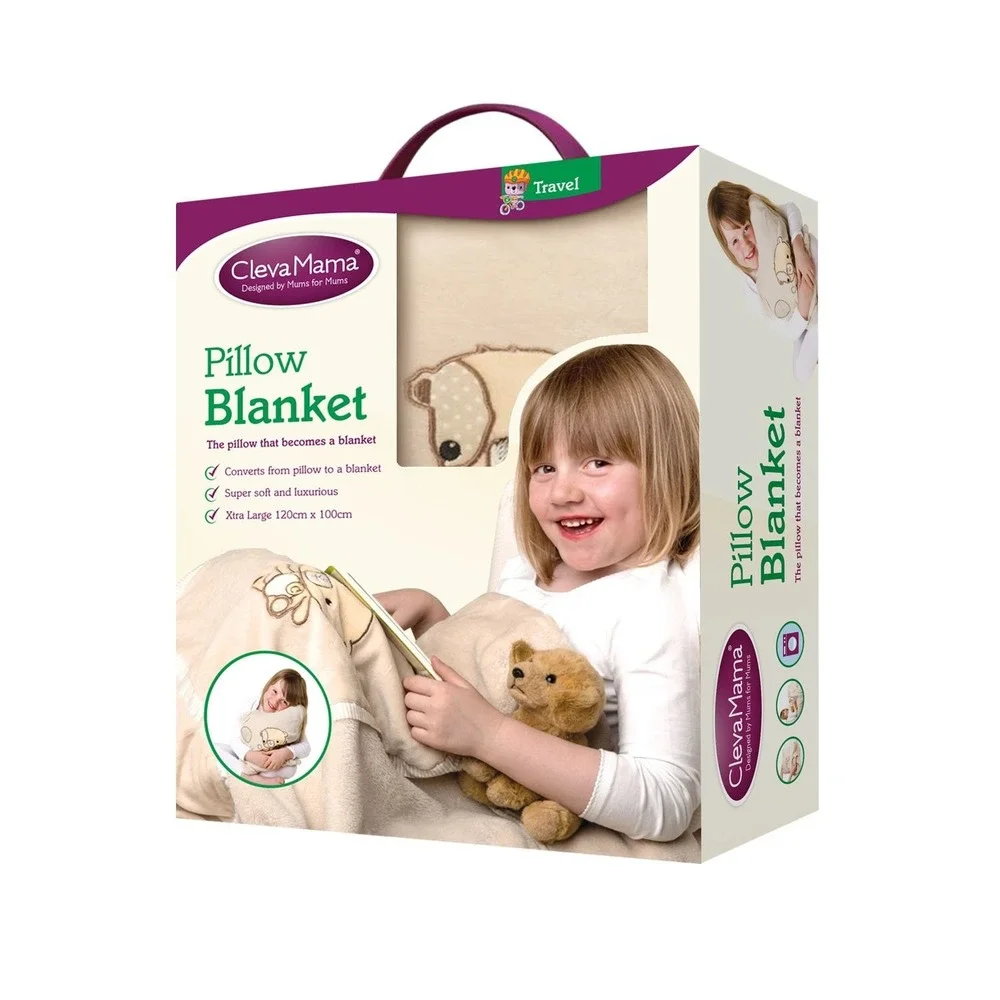 ClevaMama Pillow Blanket Toddler Kids Beige New Travel 2-in-1 Embroidered Bear